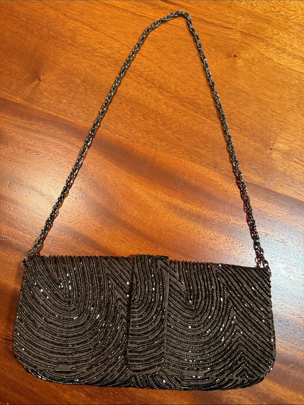 Vintage Talbots Beaded dark brown iridescent Evening Clutch with Chain Strap
